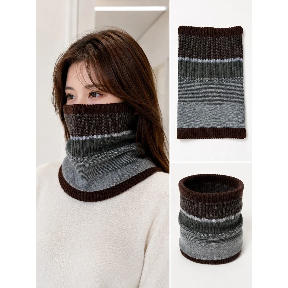 Angora Barcelona Striped Knit Neck Warmer Snood Brown Grey Made in Spain cozy
